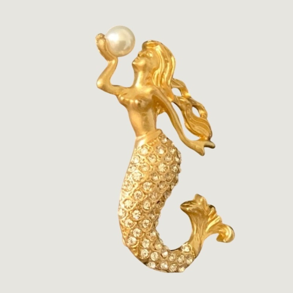 Vintage Gold Tone Mermaid Brooch Faux Pearl Pave Crystal Nautical Pin 2"